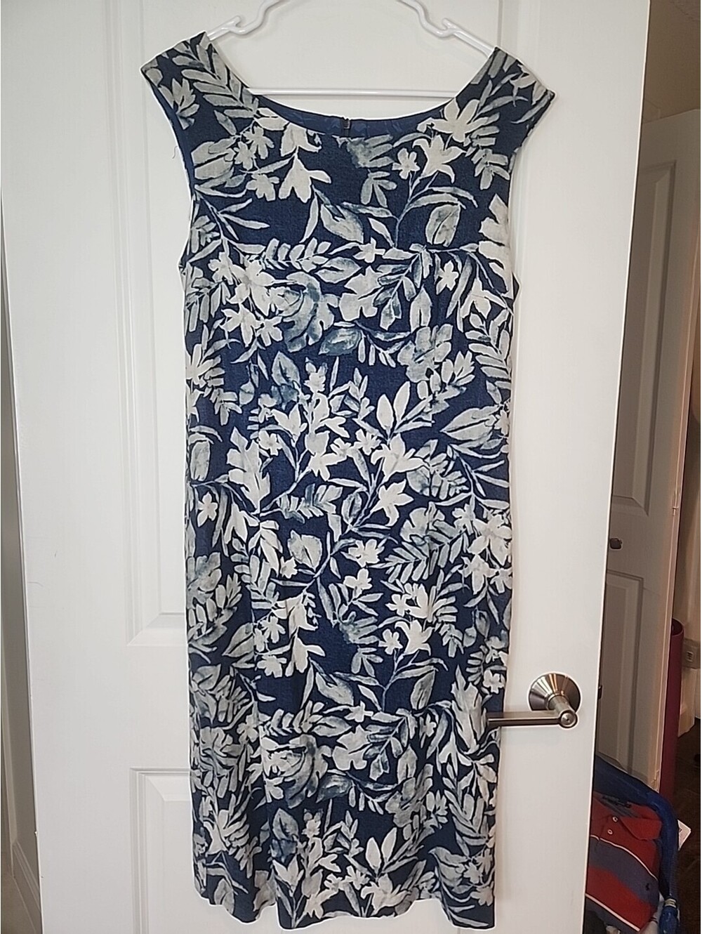 Maggy London Midi Dress Sheath Womens 16 Linen Floral Blu Tan Sleeveless Casual